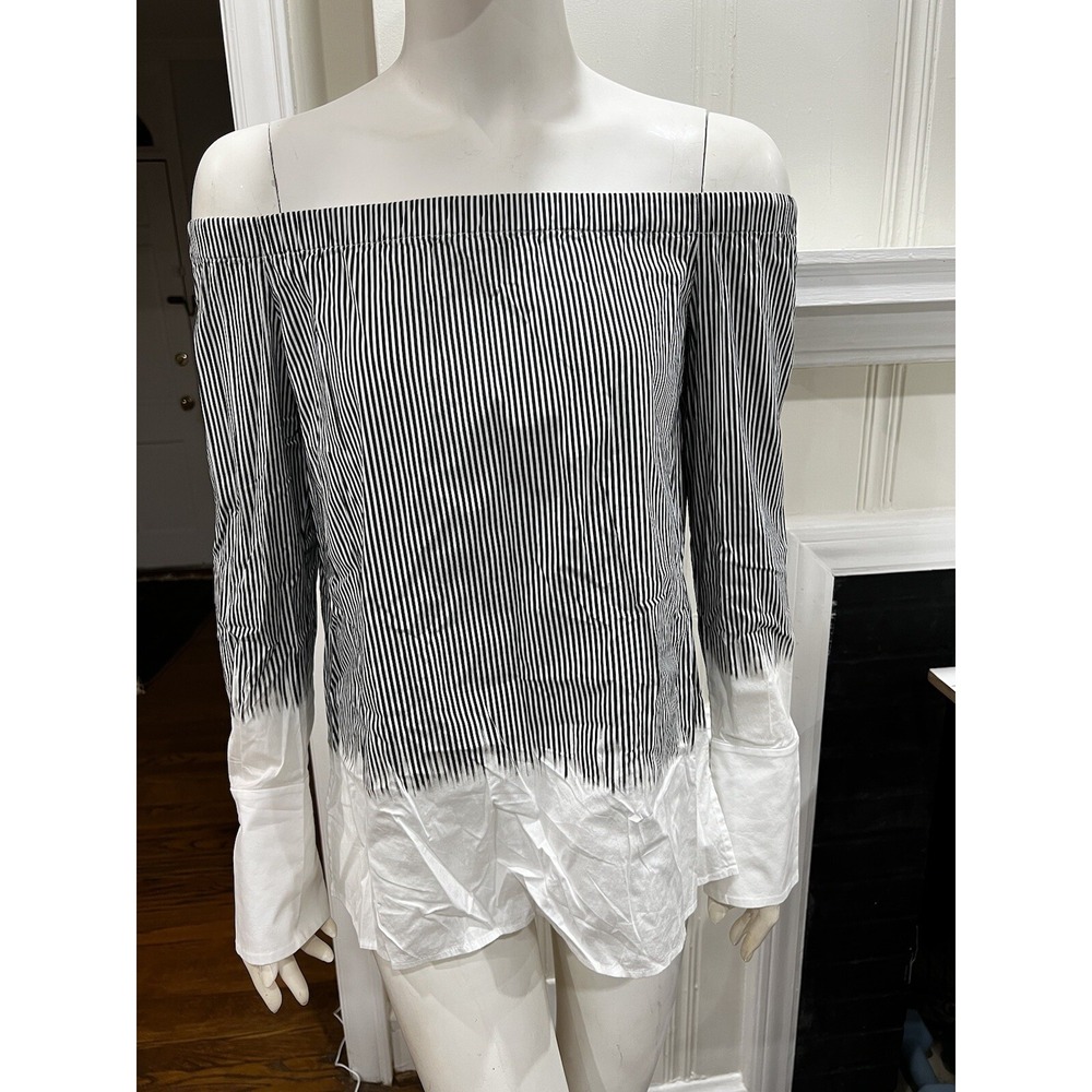 Lafayette 148  Black/White Striped Top w Elastic Off The Shoulder  P (0/2) - Picture 1 of 14